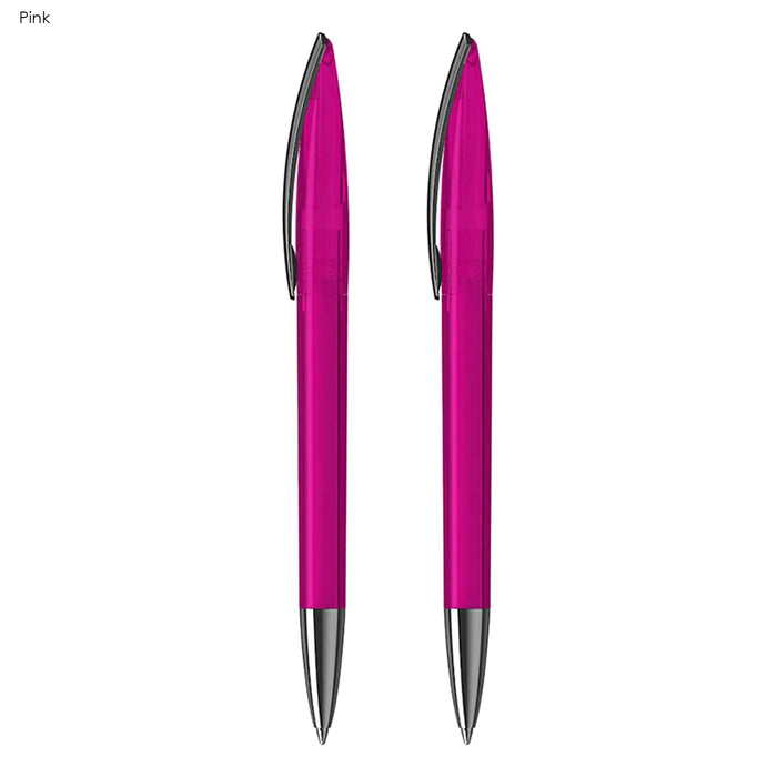 ARCA Luxe Pen Gift Set - A set of two pink plastic pens with silver accents and a logo.