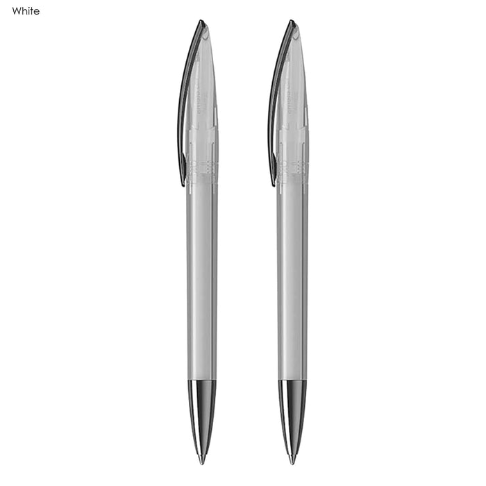 ARCA Luxe Pen Gift Set - A Luxe pen gift set featuring two white plastic pens with black accents and a branding logo.