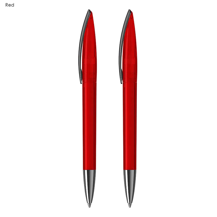 ARCA Luxe Pen Gift Set - A set of two red plastic pens with silver accents and a branding logo on each pen.