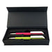 FLOW Infinite Pen Gift Set - A gift box containing two plastic pens, one pink and one green, with a sleek black outer casing.