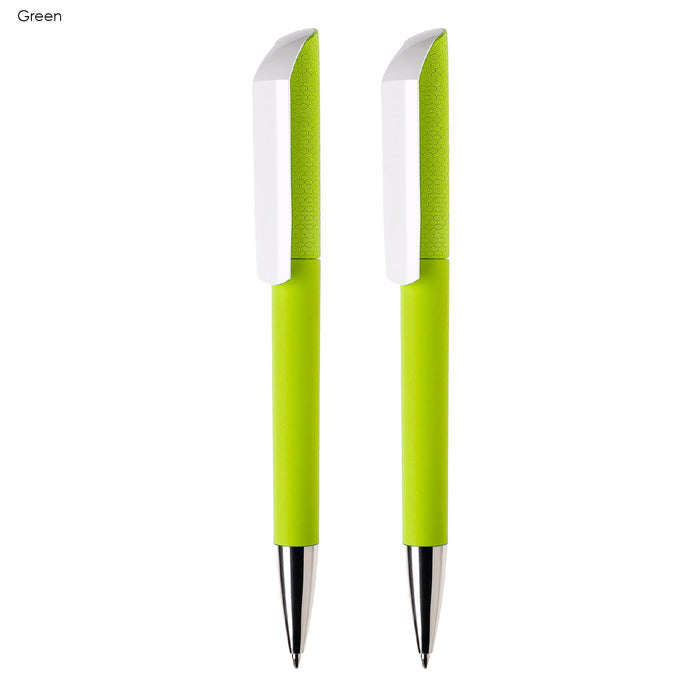 FLOW Infinite Pen Gift Set - A set of two green plastic pens with white accents and a branding logo on the barrel.