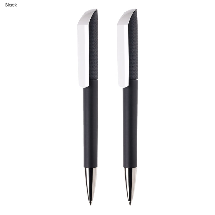 FLOW Infinite Pen Gift Set - Two black plastic pens with a textured grip and shiny silver tips, featuring a branding logo.