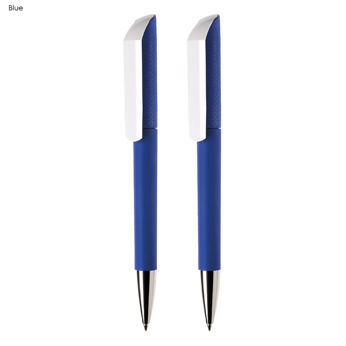 FLOW Infinite Pen Gift Set - A set of two blue plastic pens with white accents and a logo on the clip.
