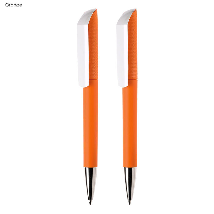 FLOW Infinite Pen Gift Set - An orange pen set featuring two sleek plastic pens with metallic tips and white accents, including a logo.