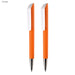 FLOW Infinite Pen Gift Set - An orange pen set featuring two sleek plastic pens with metallic tips and white accents, including a logo.