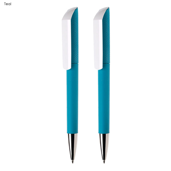 FLOW Infinite Pen Gift Set - A teal pen set featuring two plastic pens with white accents and a textured grip. Includes a branding logo.