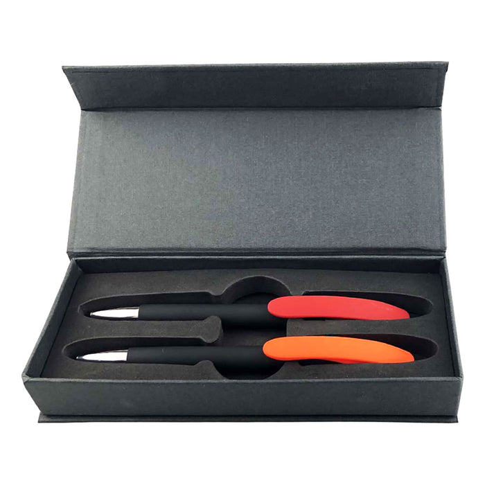 Aster Signature Pen Gift Set - A gift set featuring two black pens with red and orange accents in a sleek grey box.