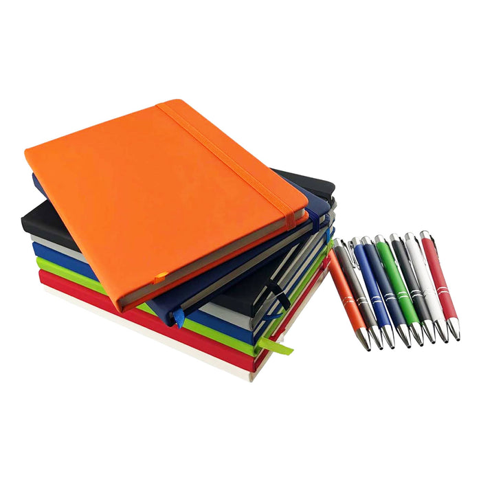Alison A5 Notebook and Pen Gift Set - An assortment of A5 notebooks in various colours, accompanied by a set of pens in multiple colours.