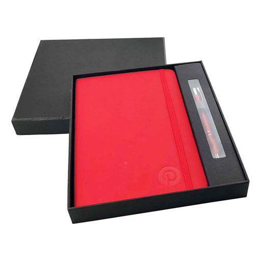 Alison A5 Notebook and Pen Gift Set - A red A5 notebook and a pen, both presented in a black gift box. The notebook features a logo.