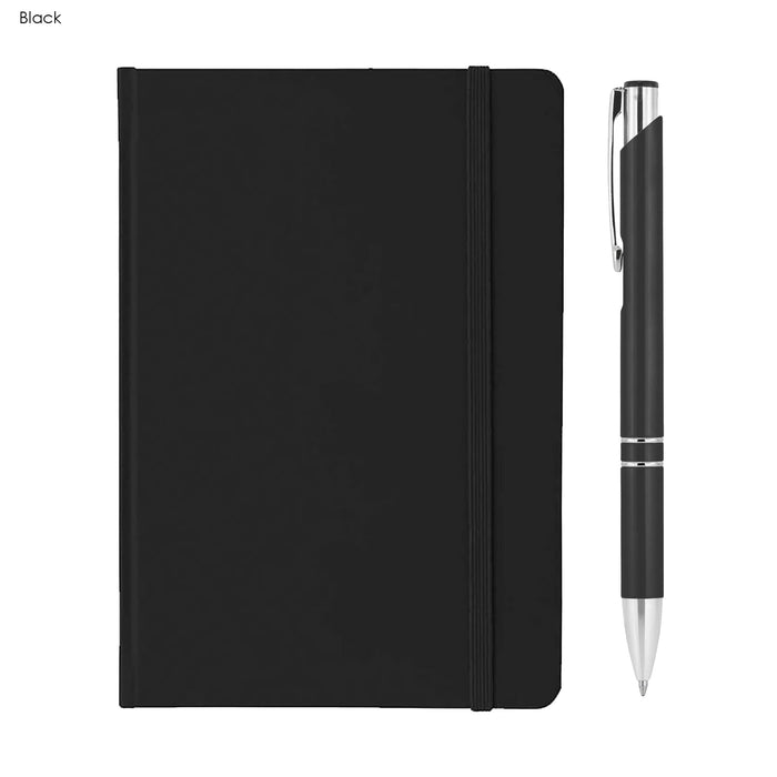 Alison A5 Notebook and Pen Gift Set - A black A5 notebook with a pen beside it, featuring a sleek design and an elastic closure band.