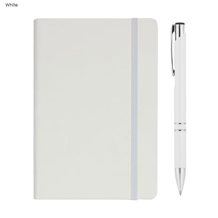 Alison A5 Notebook and Pen Gift Set - A white A5 notebook with a grey elastic band and a matching white pen. The notebook has a logo on the cover.