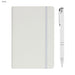 Alison A5 Notebook and Pen Gift Set - A white A5 notebook with a grey elastic band and a matching white pen. The notebook has a logo on the cover.