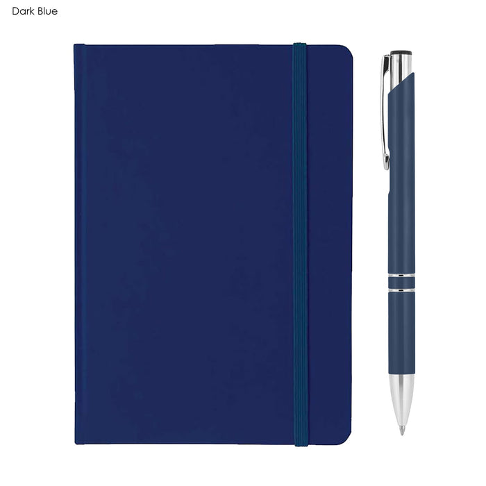 Alison A5 Notebook and Pen Gift Set - A dark blue A5 notebook with an elastic band and a matching pen, featuring a logo.