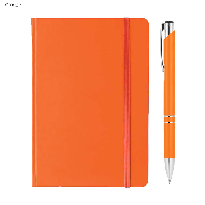Alison A5 Notebook and Pen Gift Set - An orange A5 notebook with an elastic band and a matching pen set beside it. The notebook has a logo on the cover.