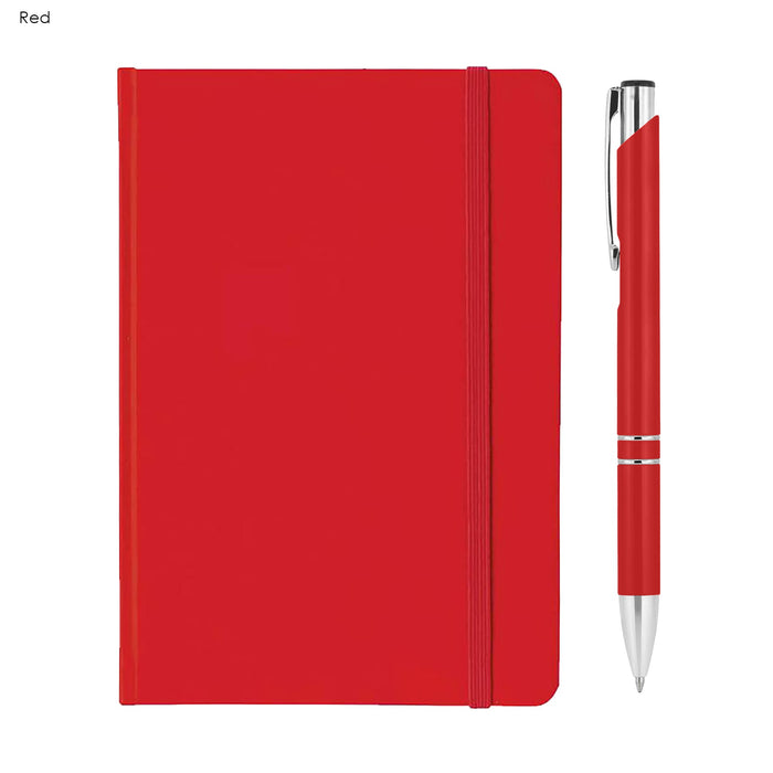 Alison A5 Notebook and Pen Gift Set - A red A5 notebook with an elastic band closure and a matching pen, featuring a silver trim.