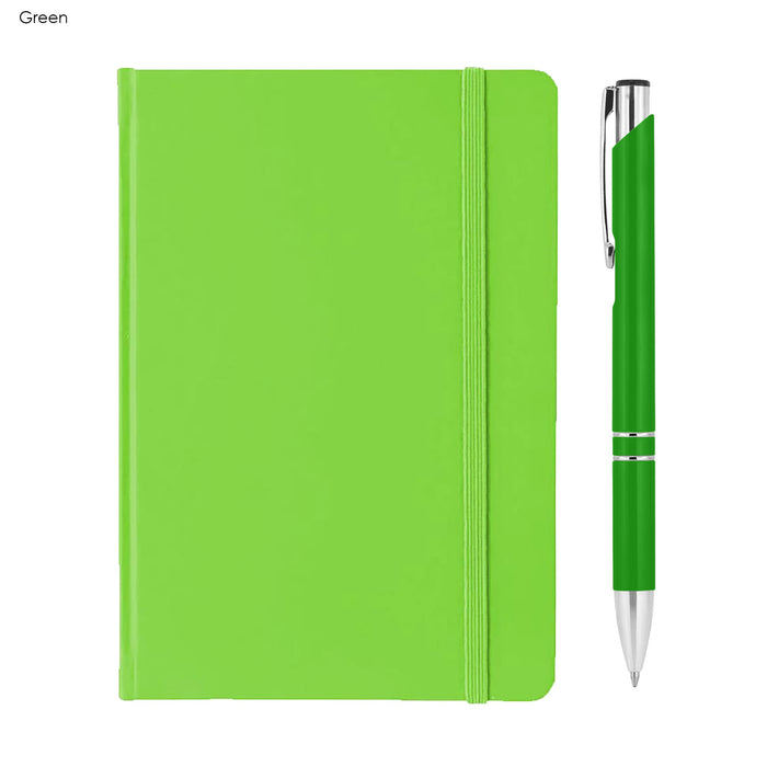 Alison A5 Notebook and Pen Gift Set - A green A5 notebook with a matching pen. The notebook features an elastic closure and a simple design.