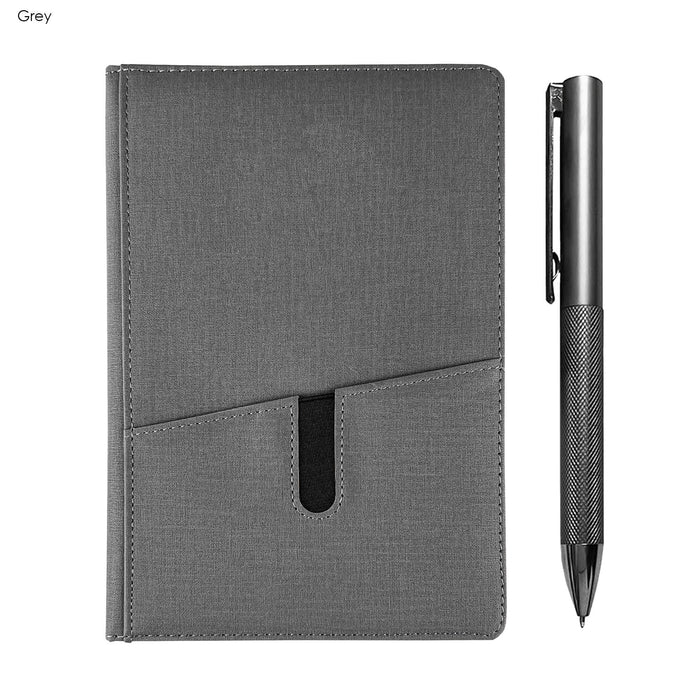 Isaly Notebook and Pen Gift Set - A grey notebook with a sleek textured finish and a silver metal pen beside it. The notebook features a pocket design.