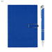 Century Noteook and Pen Gift Set - A blue notebook with a textured cover and a silver pen, featuring a logo.