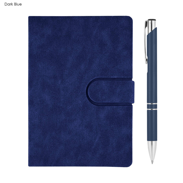 Rewiz Notebook and Pen Gift Set - A dark blue notebook with a clasp and a matching pen, part of the Rewiz Notebook and Pen Gift Set.