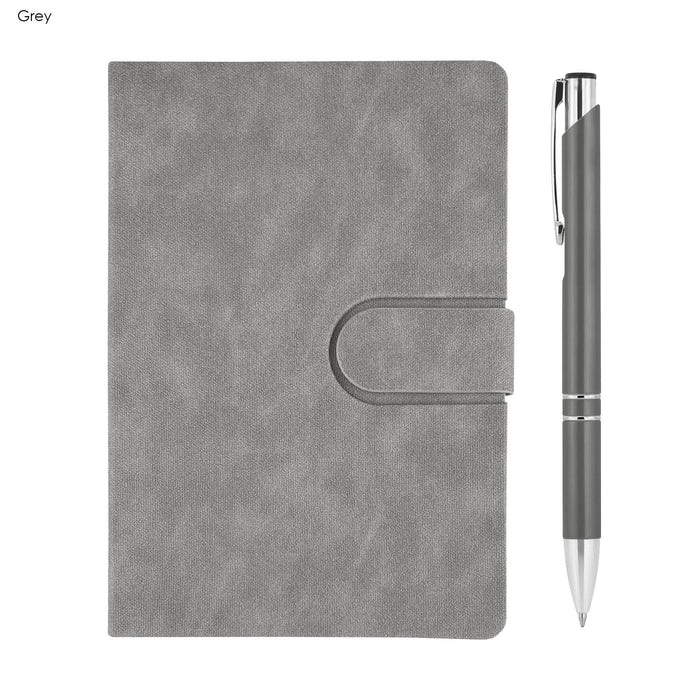 Rewiz Notebook and Pen Gift Set - A grey notebook with a clasp and a matching pen, both featured in a sleek gift set.