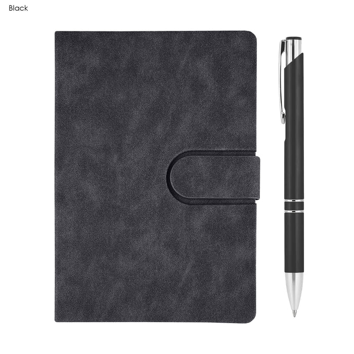 Rewiz Notebook and Pen Gift Set - A black notebook with a clasp and a matching pen. Both items are part of a gift set for office use.