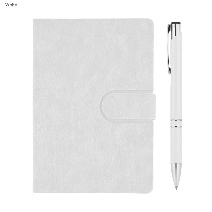 Rewiz Notebook and Pen Gift Set - A white notebook with a clasp and a matching white pen, both featuring a logo.