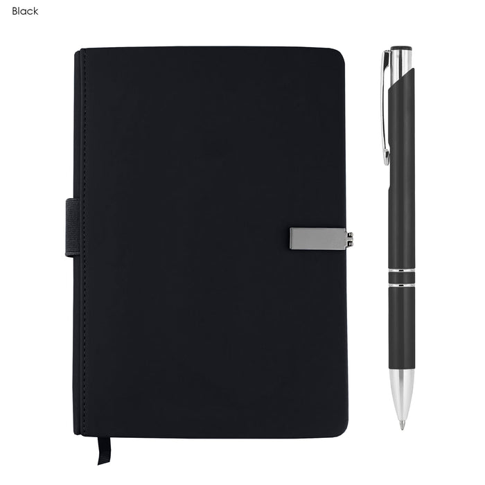Derly Notebook and Pen Gift Set - A black notebook with a pen, featuring a metallic clip and a sleek design, suitable for business use.