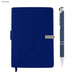 Derly Notebook and Pen Gift Set - A dark blue notebook with a silver clasp and a matching pen, featuring a sleek design and branding logo.