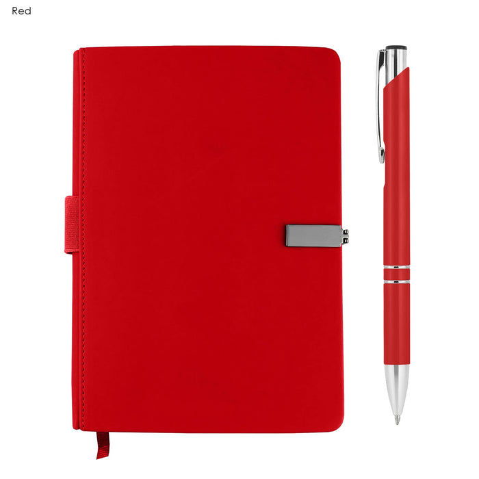 Derly Notebook and Pen Gift Set - A red notebook with a clasp and a matching pen, featuring a logo on the pen.