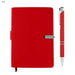 Derly Notebook and Pen Gift Set - A red notebook with a clasp and a matching pen, featuring a logo on the pen.
