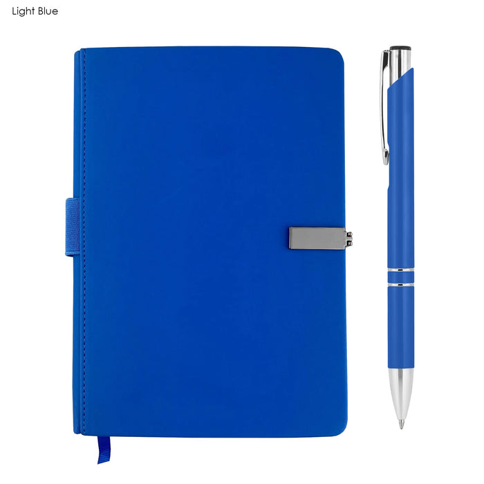 Derly Notebook and Pen Gift Set - A light blue notebook with a silver clasp and a matching pen, presented as a gift set.