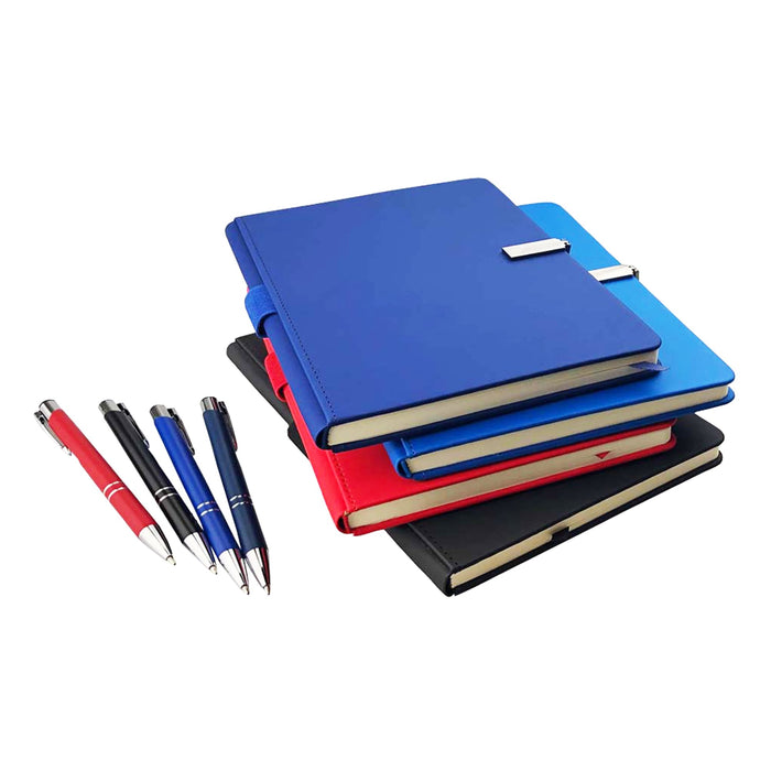 Derly Notebook and Pen Gift Set - A blue, red, and black notebook set with a silver clasp, accompanied by black, blue, and red pens.