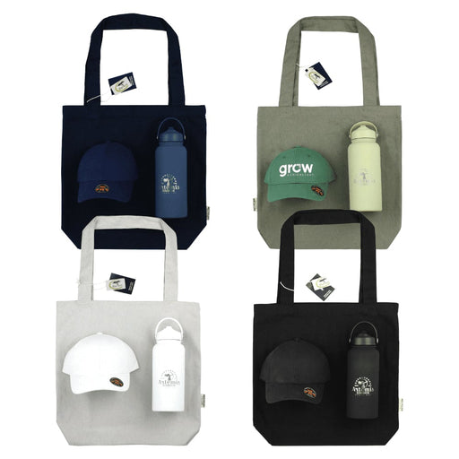 Summer Essentials Pack - A tote bag in various colours with a drink bottle and caps, featuring logos on the bottle and caps.
