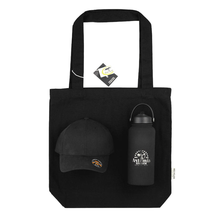 Summer Essentials Pack - A black tote bag with a black cap and a black drink bottle, featuring a logo on the cap.