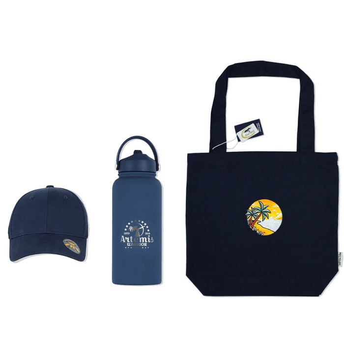 Summer Essentials Pack - A navy blue tote bag, water bottle, and cap featuring a logo and a tropical design.