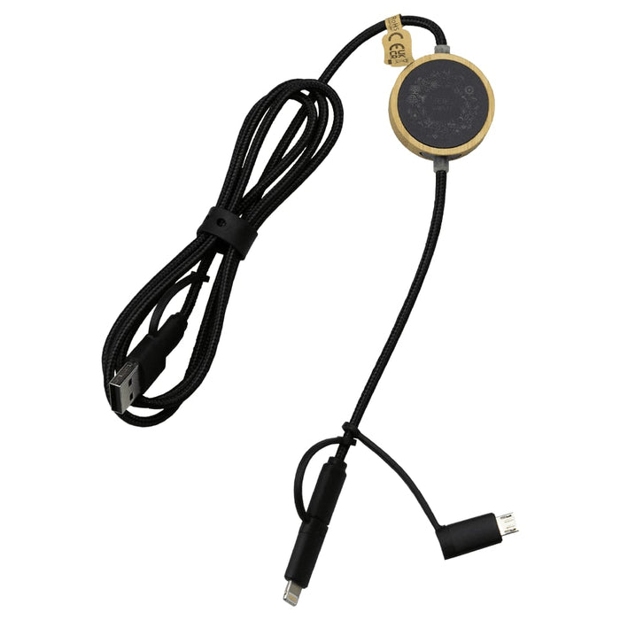 Work Essentials Pack - A round, wooden wireless charger with a black cable, featuring USB and micro USB connectors.