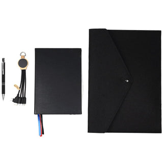 Get Organised Pack - A black folder, notebook, pen, keychain, and USB cables in a promotional product layout.