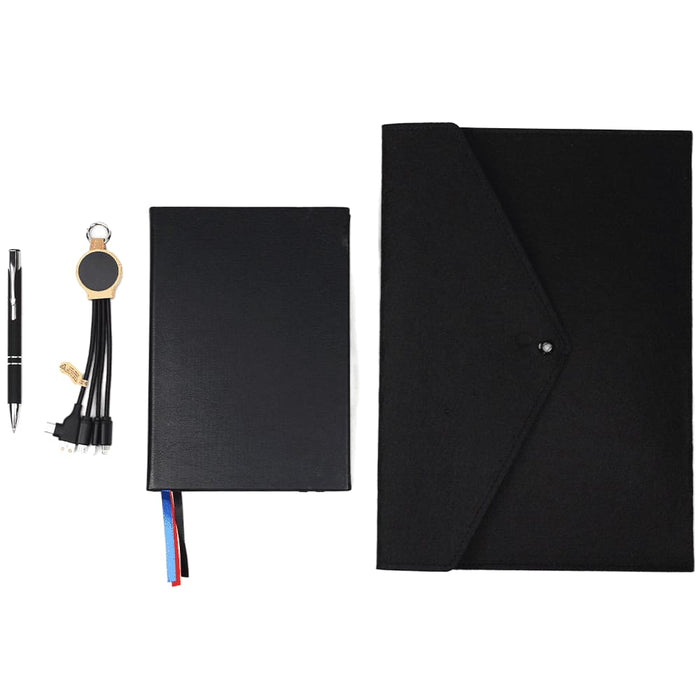 Get Organised Pack - A black folder, notebook, pen, keychain, and USB cables in a promotional product layout.