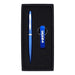 Chicago Pen & Bottle Opener Keyring Gift Set - A blue pen and blue bottle opener keyring set presented in a sleek black gift box with a logo.