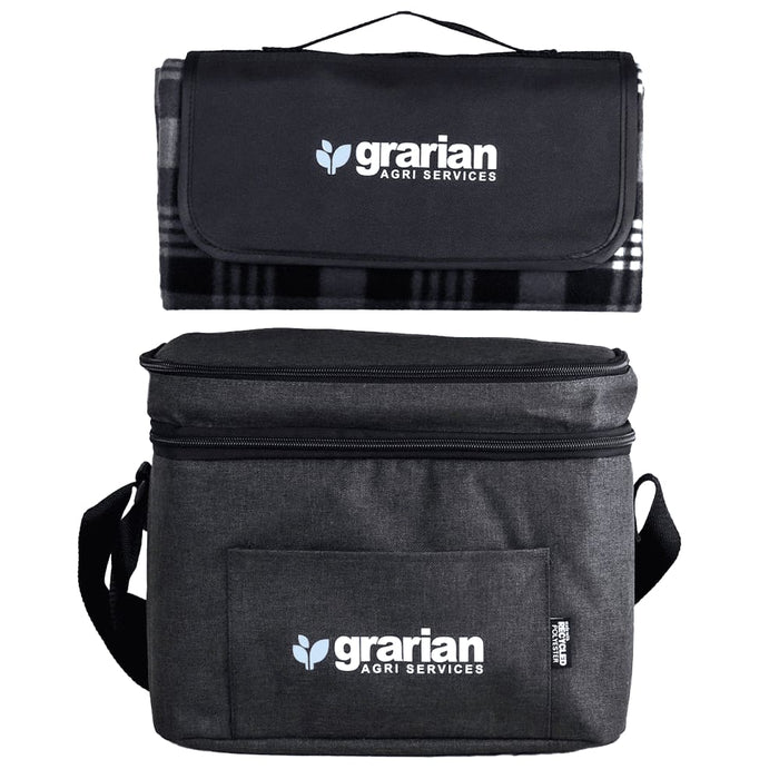 Outdoor Pack - A black and grey cooler bag with a matching picnic blanket on top, featuring a logo.