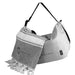 Towel & Cooler Bundle Pack - A towel with tassels and a cooler bag in grey and white, featuring a logo on both items.