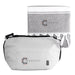 Towel & Cooler Bundle Pack - A grey cooler bag with a zipper and a matching grey towel featuring tassels. Both items have a logo.