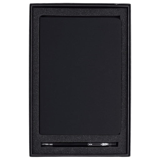 Spectrum Recycled JournalBook & Pen Giftset - A black recycled journal and pen set in a sleek black gift box, featuring an interior foam lining and a logo.