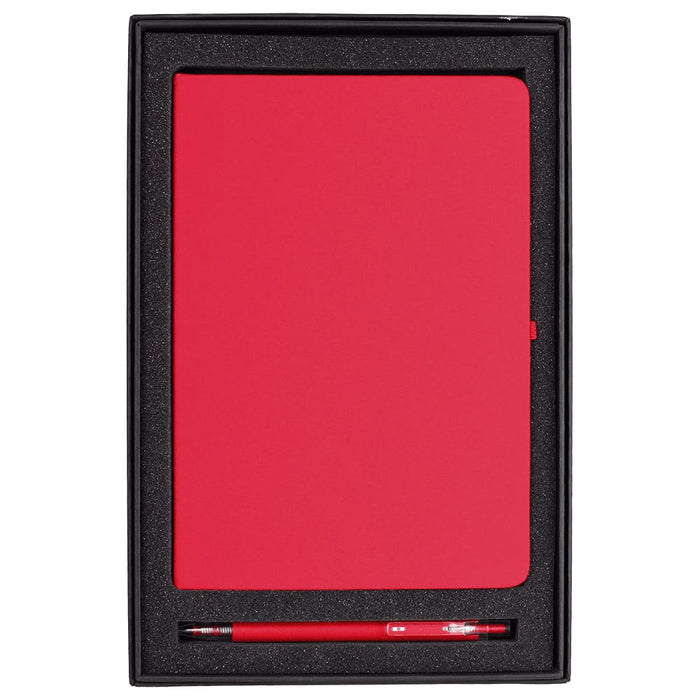 Spectrum Recycled JournalBook & Pen Giftset - A red journal and pen gift set displayed in a black box with a foam insert. The box includes a logo.