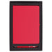 Spectrum Recycled JournalBook & Pen Giftset - A red journal and pen gift set displayed in a black box with a foam insert. The box includes a logo.