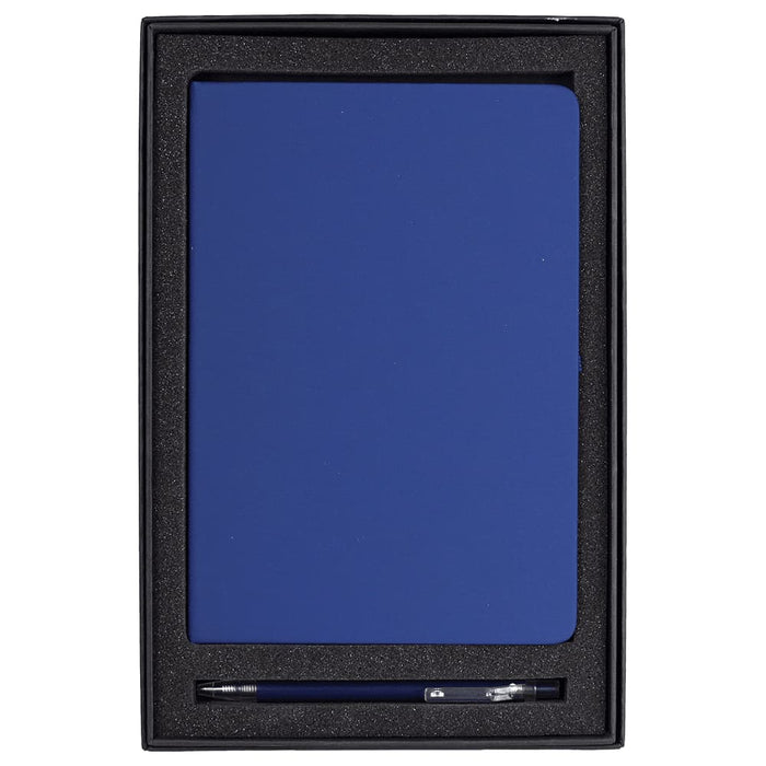Spectrum Recycled JournalBook & Pen Giftset - A blue recycled journal and pen gift set presented in a black box with foam cushioning. It features a logo.