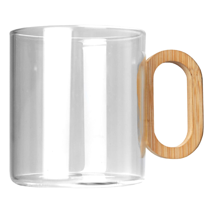Cottage Glass Coffee Cup - A glass coffee cup with a bamboo handle, featuring a clear design and sleek lines.
