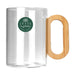 Villa Glass Coffee Cup - A glass coffee cup with a bamboo handle and a logo on the side. Clear design emphasises its modern look.