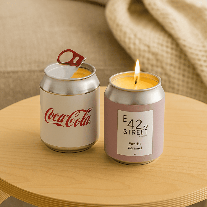Mini East 42nd Street Can Candle - A mini candle designed like a soda can, featuring silver and pink colours with a flame on top.