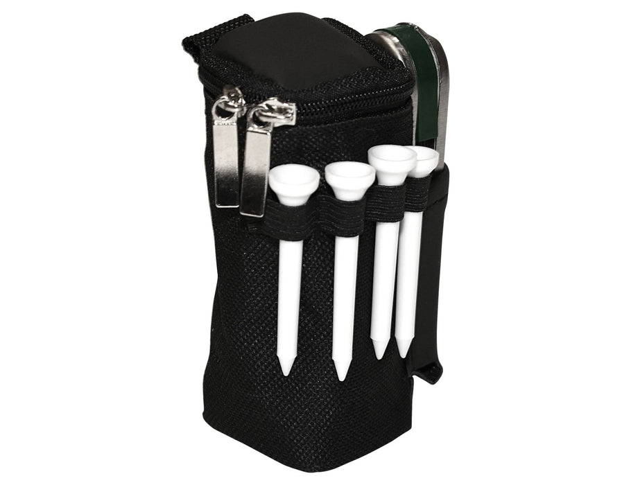 Tournament Golf Pack - A black zippered pouch containing golf tees and a small accessory, featuring a clip and branding.